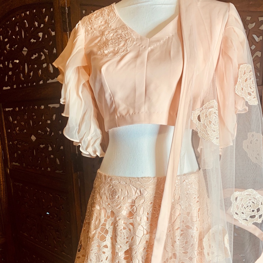 Pink sequins floral lace lehenga lehnga - Picture 3 of 12